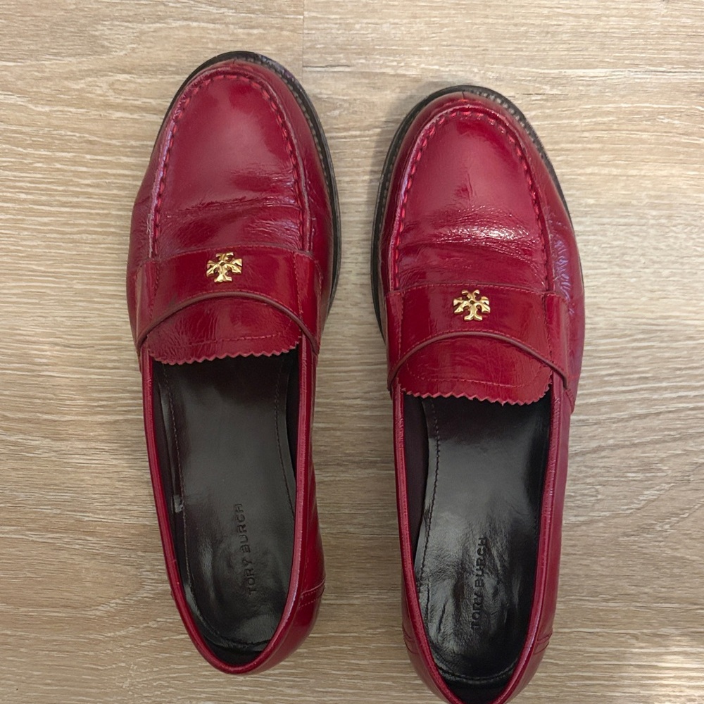 Tory Burch Glossy Red Loafers with Gold Accent